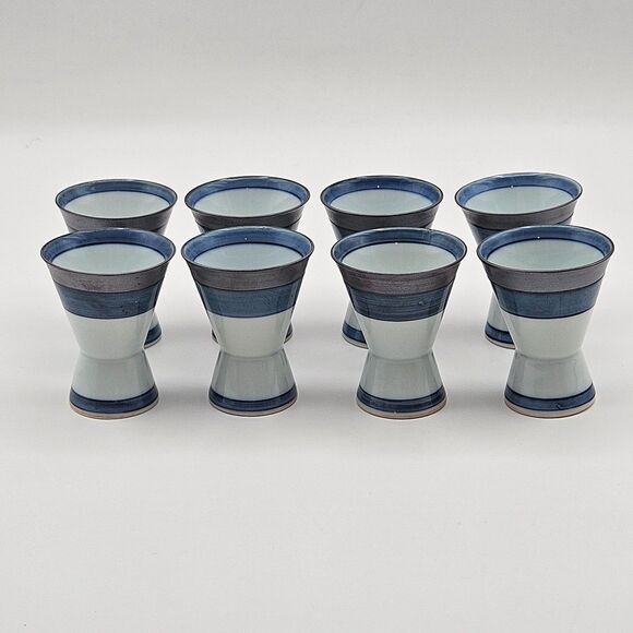 Japanese Hand Decorated Blue Silver White Sake Cups Set of 8 with Box - Picture 2 of 10